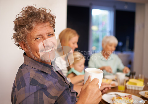 Image of mature man, family and home for breakfast on happiness in morning for bonding with conversation, support and care. Portrait, father and meal to eat with coffee in table to enjoy, fun and together.