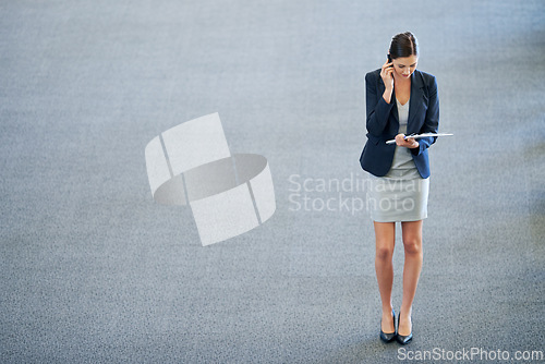 Image of Space, documents or business woman on a phone call in office networking or speaking to chat in discussion. Mockup, planning or entrepreneur in conversation, mobile communication or deal for paperwork