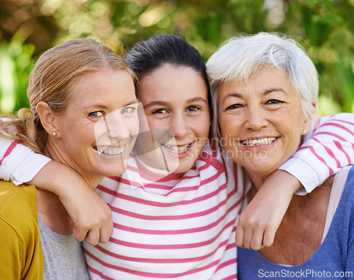 Image of Outdoor, grandmother and mother in portrait with child in park on summer, holiday or hug on vacation in retirement. Mom, kid and happy senior woman in woods or forest with care and support in family