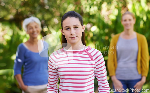 Image of Girl, mother and grandmother in portrait in park with smile, generations and outdoor bonding in nature together. Women, family and face of teen in garden with summer, weekend and trees in backyard