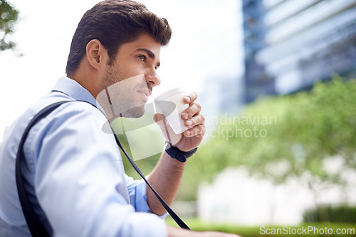 Image of Professional, businessman and coffee for thinking in city, planning and thoughts for startup project. Outdoors, cappuccino and male person drinking expresso for idea, caffeine and energy in morning