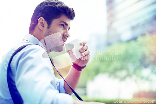 Image of Professional, businessman and coffee in city for thinking, planning and thoughts for startup project. Outdoors, cappuccino and male person drinking expresso for caffeine or energy in morning