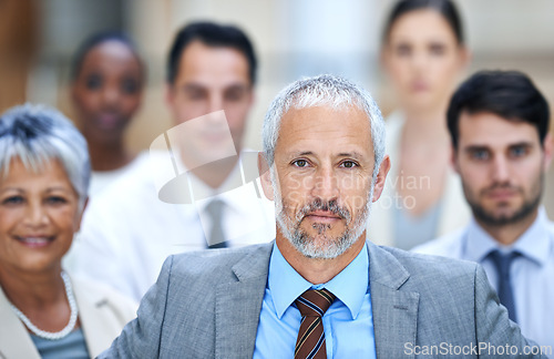 Image of Portrait, leadership and group of business people with manager, confidence and solidarity at startup. Community, professional men and women together in office with teamwork, pride and trust with CEO