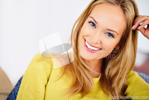Image of Portrait, home and relax with woman, happiness and weekend break with comfort and vacation in a living room. Face, person and girl with joy or apartment with wellness and calming with peace and smile