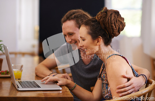 Image of Home, couple and typing with laptop, keyboard and planning with online reading and research. Breakfast, apartment and dreadlocks with man or woman with computer and internet with tech, rasta or email