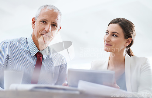 Image of Portrait, senior and businessman with woman and tablet with internet for online work for training on sales target or skills. Employee, manager or leader with information technology for development.