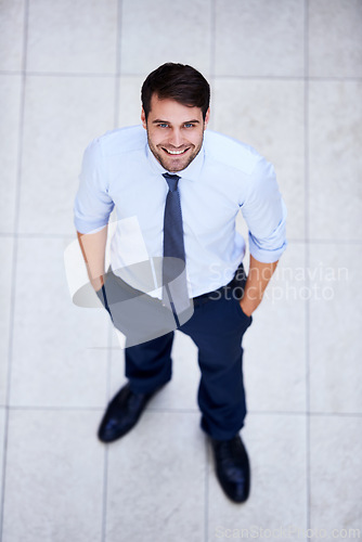 Image of Business, portrait and high angle of man in office with professional confidence and pride. Above, entrepreneur and person in lobby to start morning in London at corporate workplace with perspective