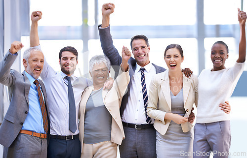 Image of Happy business people, portrait or cheers for winning with collaboration target, goals or teamwork. Hands up, profit bonus or excited employees in corporate with group success, welcome or achievement