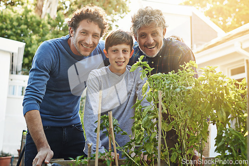 Image of Child, father and grandfather in gardening portrait with smile, support and outdoor bonding together. Men, family and face of happy boy with generations in backyard for legacy, weekend and plants