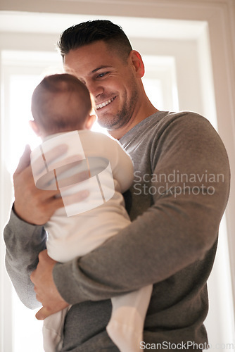 Image of Love, happy or father and baby in a house with care, trust and child development, support or bonding. Family, security and dad with kid at home for learning, safety or morning games with gratitude