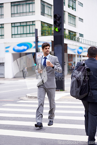 Image of Businessman, coffee and newspaper in city for business, walking and commute to work. Professional, male person and expresso for caffeine, energy and article for news, cappuccino and man in New York
