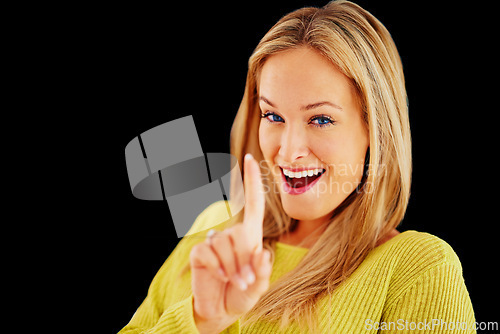 Image of Woman, portrait and studio with finger for number one, symbol and gesture for top choice or decision. Female person, hand and sign for winning or success, victory and champion or vote for product.