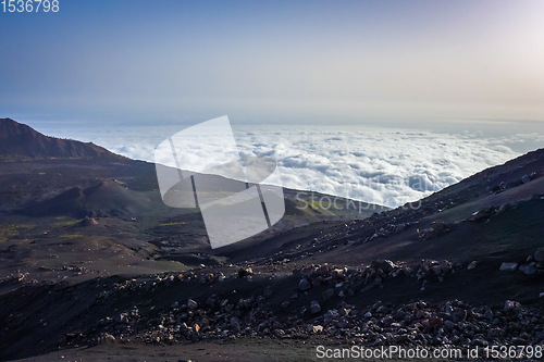 Image of Cha das Caldeiras over the clouds view from Pico do Fogo in Cape