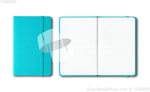 Image of Aqua blue closed and open lined notebooks isolated on white