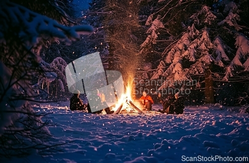 Image of Winter bonfire gathering in snowy forest