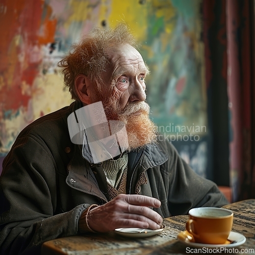 Image of A Man Sitting at a Table With a Cup of Coffee