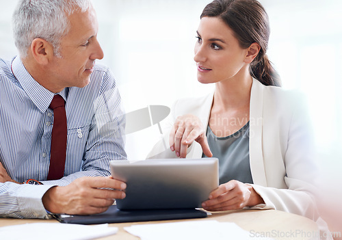 Image of Discussion, senior and businessman with woman and tablet with internet for online work for training on sales target or skills. Employee, manager or leader with information technology for development.