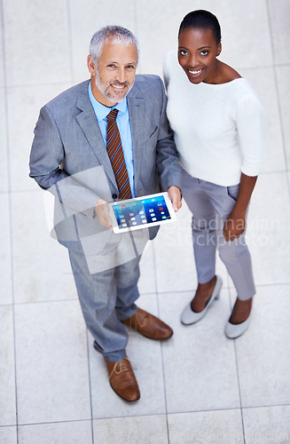 Image of Businessman, black woman and portrait with tablet in office for internet, email and planning for business meeting. Manager, assistant and team with diversity from above view in corporate career