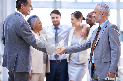 Image of Business people, CEO or shaking hands for deal, b2b collaboration or teamwork in office. Handshake, partnership or proud employee in corporate agreement with meeting success, welcome or thank you