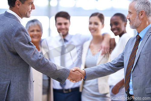 Image of Happy business people, CEO or shaking hands for recruitment, collaboration or teamwork. Handshake, partnership or employee in corporate agreement with meeting success, welcome or office thank you