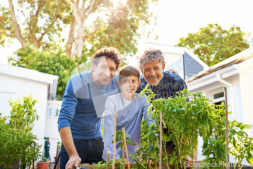 Image of Boy, father and grandfather in gardening portrait with smile, support and outdoor bonding together. Men, family and face of happy child with generations in backyard for legacy, weekend and plants