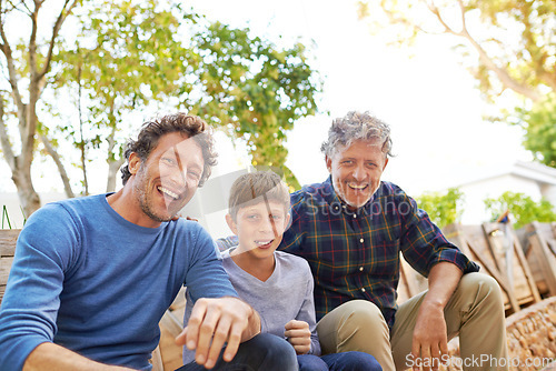 Image of Boy, dad and grandfather in portrait in backyard with smile, support and outdoor bonding together. Men, family and face of happy child with generations in green garden for nature, weekend and plants