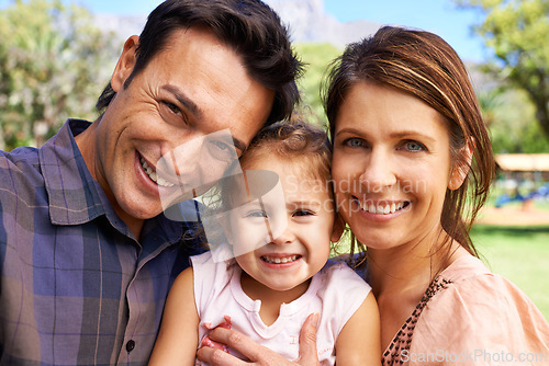 Image of Happy family, parents and portrait with child in park for bonding, healthy relationship and relax on Saturday. Smile, father and mother with daughter for selfie in nature, dad and mom with young girl