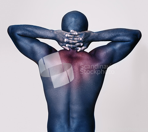 Image of Man, back and neck pain with body, red glow for injury and muscle, tension or pressure on white background. Spine, bruise or strain with fitness, overlay for anatomy and burnout with ache in studio