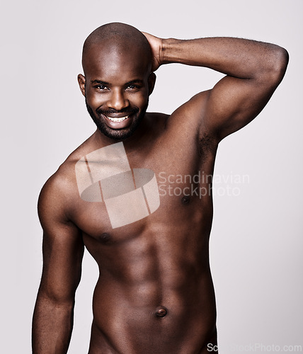 Image of Black man, shirtless and body with six pack in portrait, fitness and health with muscle on white background. Exercise, sport and athlete with abs, confident and masculine with testosterone in studio