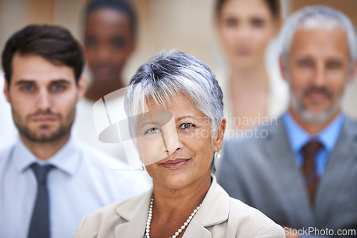 Image of Portrait, group and business people with woman CEO, confidence and solidarity at startup. Community, professional men and women together in office with leadership, pride and mature manager with team