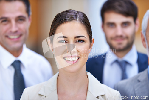 Image of Portrait, opportunity and group of business people with woman, confidence and leadership at startup. Community, professional men and women together in office with team, pride and happy female manager