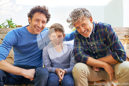 Image of Boy, father and grandfather in portrait in garden with smile, support and outdoor bonding together. Men, family and face of happy child with generations in backyard for legacy, weekend and plants