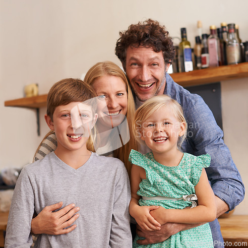 Image of Parents, family and portrait with children in kitchen for holiday relax or together for weekend, good mood or bonding. Mother, father and siblings or face in apartment for happy, vacation or break