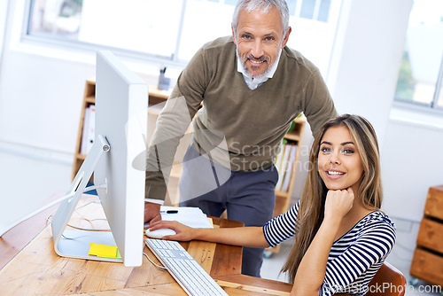 Image of Computer, portrait and man with intern of business, teamwork or collaboration for creative work. Company, male person and woman with confidence as art director with mentor of workplace and happy