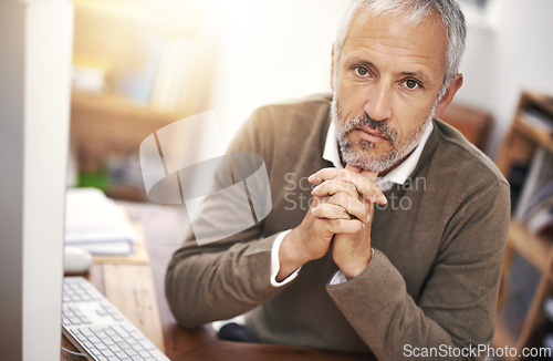 Image of Businessman, mature and portrait with plans, computer and desk or workspace. Ceo, management and startup for accounting, administration and corporate with thinking for professional career or job