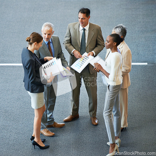 Image of Documents, group or business people in meeting for report, agenda discussion or portfolio in workplace. Project, teamwork and workers planning in office talking, conversation or speaking of paperwork