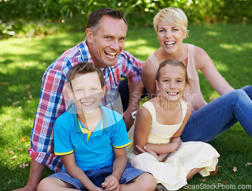 Image of Garden, grass and relax in portrait of happy family at home with care and love from parents for children. Mother, father and kids smile in backyard on holiday, vacation or together in summer on lawn