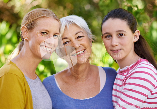 Image of Portrait, women or girl as family, support or visit to relax as happy, bonding or together. Grandma, mother or female kid as smile, sunshine or retirement in garden on morning summer day in Dublin