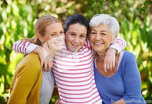 Image of Outdoor, mother and grandmother in portrait with child in park on summer, holiday or hug on vacation in retirement. Mom, kid and happy senior woman in woods or forest with care and support in family