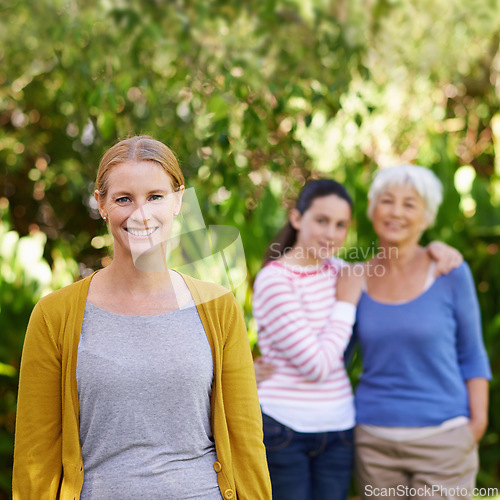 Image of Nature, portrait and woman with kid and grandmother in outdoor park, field or garden together. Happy, smile and female person with girl child and senior mother in retirement in backyard in Canada.