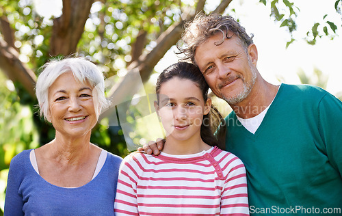 Image of Portrait, grandparents or kid as family, visit or care to relax as happy, bonding or together. Man, woman or child as smile, sunshine or retirement in garden on morning summer day in San Francisco