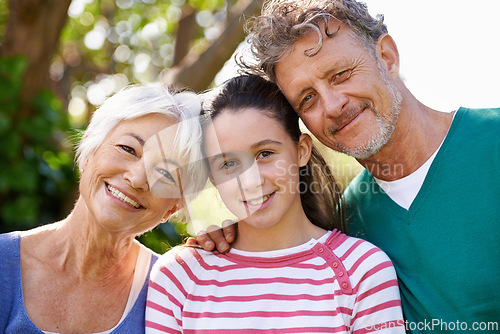 Image of Portrait, grandparents or girl as family, support or care to relax as happy, bonding or together. Man, woman or child as smile, sunshine or retirement in garden on morning summer day in spring