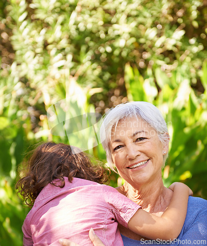 Image of Outdoor, portrait and grandmother with child in park on holiday or vacation in retirement with support. Happy, senior woman or relax with kid in woods or forest with care for family in summer