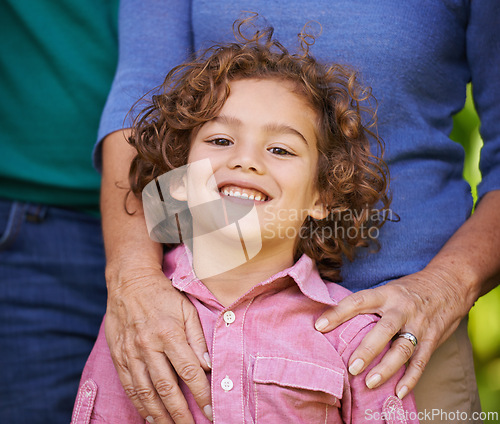 Image of Portrait, child or hug to relax on family, visit or bonding together on spring afternoon in park. Boy, girl or kid in confident, embrace or smile on outing to grandmother in fun, care or fresh air