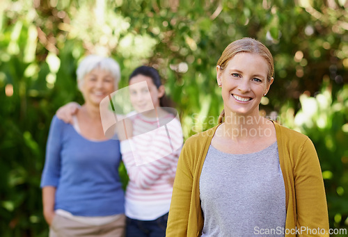 Image of Nature, portrait and woman with teenager and grandmother in outdoor park, field or garden together. Happy, smile and female person with girl kid and senior mother in retirement in backyard in Canada.