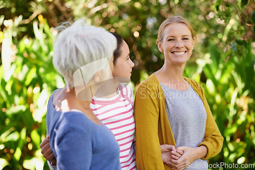 Image of Mother, grandmother and portrait with child in park on holiday or vacation in retirement with support. Happy, senior woman or relax with mom and kid in woods or forest with care for family in summer