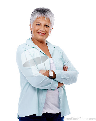 Image of Crossed arms, portrait and senior woman in studio with confident, good and positive attitude. Smile, pride and happy elderly female person from Mexico in retirement isolated by white background.