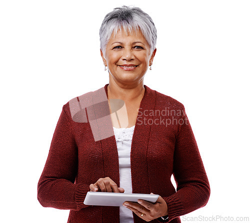 Image of Senior woman, portrait and tablet for contact, communication or internet isolated on white background. Elderly female person, mature lady or technology for connectivity, social media or web for email