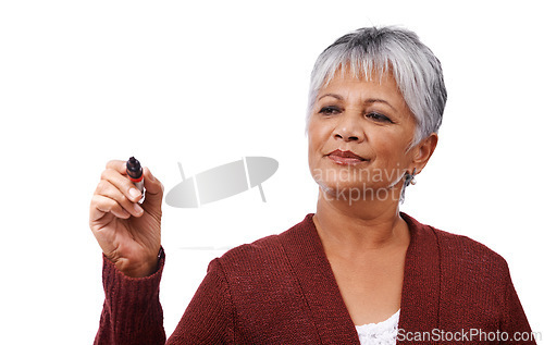 Image of Senior woman, hand and pen for writing, presentation and promotion with mockup on white background. Female person, mature lady and teacher with gesture for display, show and notes for whiteboard