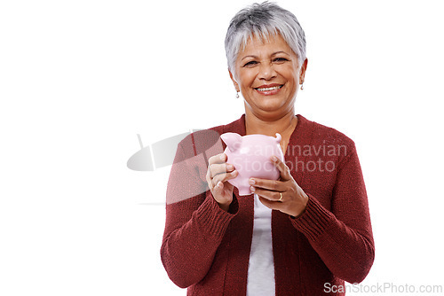 Image of Old woman, portrait and piggy bank for financial saving or money budget as retirement investment, payment or economy. Female person, face and white background for future coins, studio or mockup space